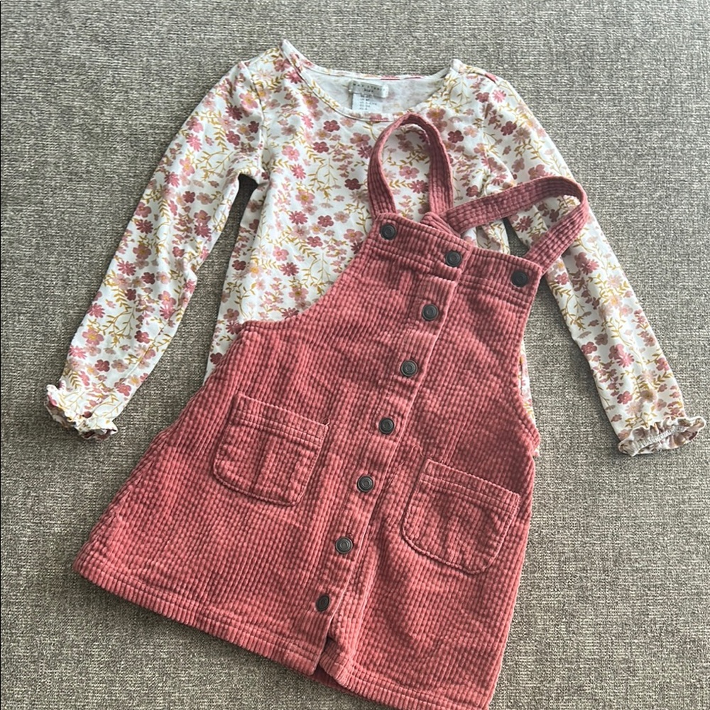 Floral Long Sleeve Top and Brown Corduroy Dress Set